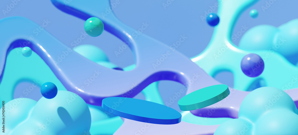Poster 3d abstract fluid background for product presentation. floating podium stand on blue background. cli