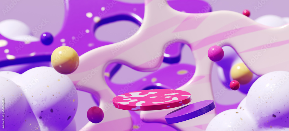 Poster 3d abstract fluid background for product presentation. floating podium stand on purple background. c