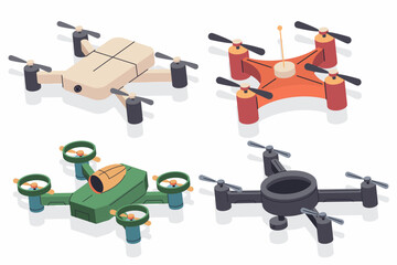 Drones vector cartoon set isolated on background.