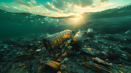 A pile of plastic bottles polluting the underwater landscape - obrazy, fototapety, plakaty