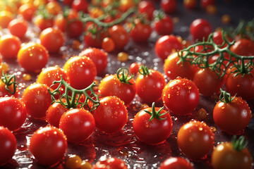 Ripe cherry tomatoes in water drops © Viktoriia Pletska