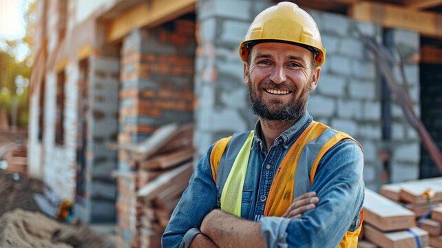 A cheerful bricklayer at a building site is shown in this portrait. Happy bricklayer wearing a helmet and safety vest.