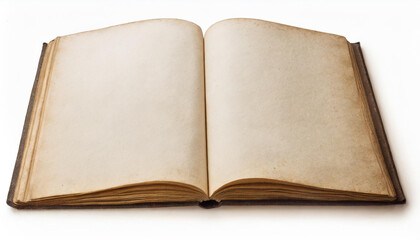 Old blank book open isolated. Used paper texture, cinematic light