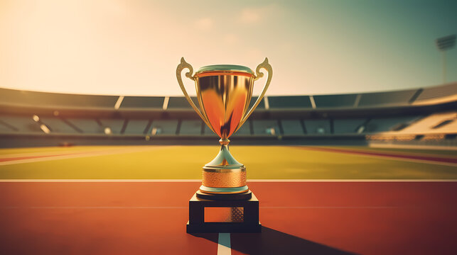 Golden trophy winner cup with blurred background and copy space