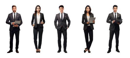 Group of business people standing using tablet computer and posing, Full body, isolated on white background, png