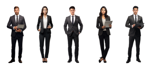 Group of business people standing using tablet computer and posing, Full body, isolated on white background, png
