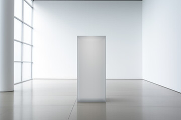 White rectangle product podium on grey glass floor in empty room center