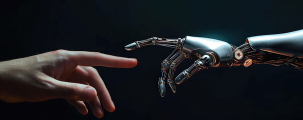 A human hand and a robotic hand reach towards each other, fingertips almost touching, in a dark setting with soft bokeh lights in the background	
