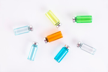 Many ampoules of different colors. Medicine concept. Background. Copy space.