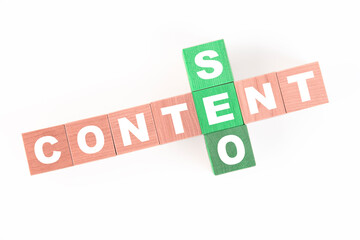 Words Content SEO collected in crossword with wooden cubes. Copy space