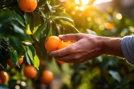 a man putting hand on ripe orange fruit in a a garden with orange fuit trees	
