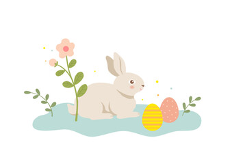Cute Easter bunny and Easter eggs on white background. Easter holiday illustration.
