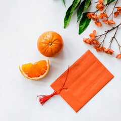 Flat lay Chinese New Year Background Mandarin Orange, Red Envelop and Flower on white background