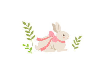 Cute Easter bunny sitting with a pink ribbon on a white background. Easter holiday illustration.