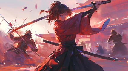 Illustration of samurai sword fighting anime style - obrazy, fototapety, plakaty