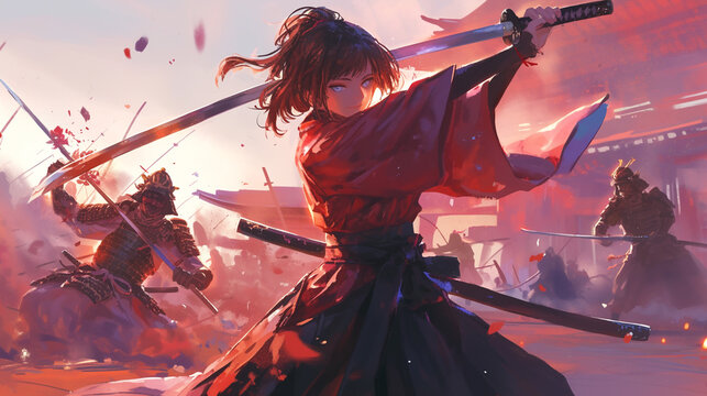 Illustration of samurai sword fighting anime style