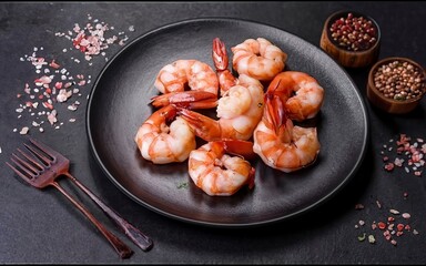 Fried shrimps. Sea products. Healthy food. Hot shrimp dish. Juicy fresh butter prawns flavored with spices
