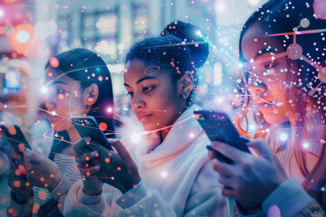Composite image of people of different ethnicities holding smartphones, with digital interfaces linking them to a global network, - Powered by Adobe
