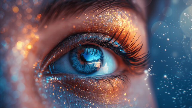 Enchanting Blue Eye with Glittering Eyeshadow and Bokeh Lights