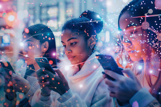 Composite image of people of different ethnicities holding smartphones, with digital interfaces linking them to a global network,