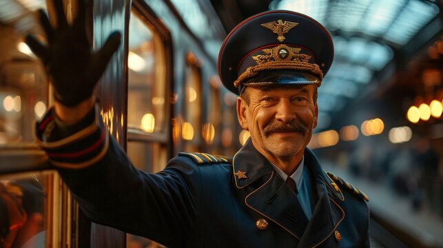 A train conductor waving from the platform, train conductor