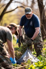 A veteran leading a community clean-up event, demonstrating leadership and a commitment to environmental stewardship.