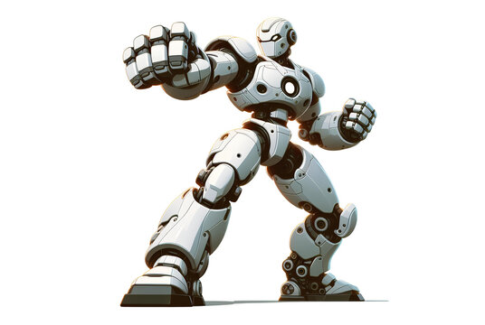 robot cartoon with ready to attact pose isolated white background
