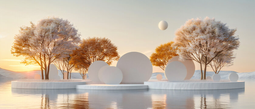 Spherical Harmony, White Balls in Abstract Design, Futuristic Concept on Light Background, Artistic Illustration