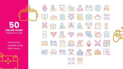 Set of 50 Outline Icons Related to Online Game. Pixel Perfect Icon. Outline Icon Collection. Fully Editable. Vector Illustration.