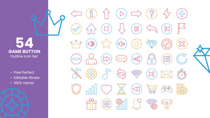 Set of 50 Outline Icons Related to Game Button. Pixel Perfect Icon. Outline Icon Collection. Fully Editable. Vector Illustration.