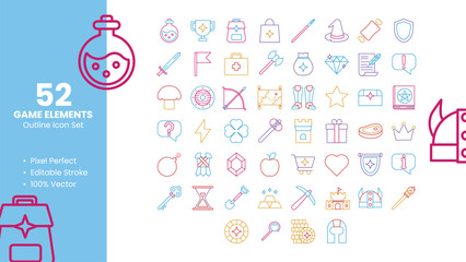 Set of 50 Outline Icons Related to Game Elements. Pixel Perfect Icon. Outline Icon Collection. Fully Editable. Vector Illustration.