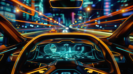Interior of self driving car with digital dashboard. Navigating the nighttime landscape with speed and precision, embracing modern automotive technology for a seamless journey through the cityscape - obrazy, fototapety, plakaty