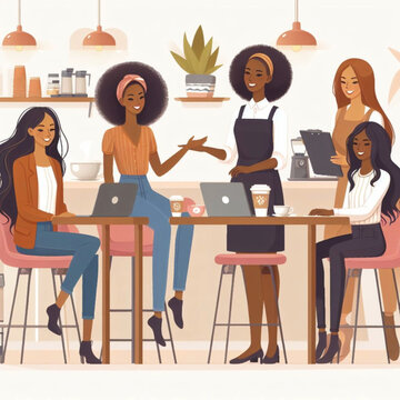 Group of women working together in coffee shop, vector illustration