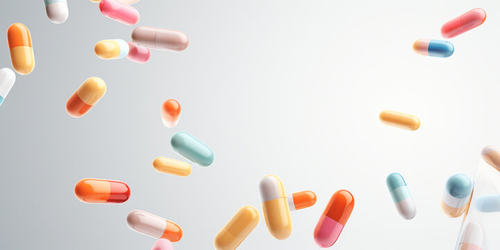 Multicolored capsules in the air on a neutral background depicting pharmaceuticals, healthcare and modern medical concepts with a clean, minimalist design.