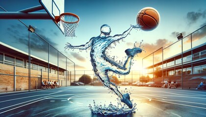A dynamic basketball player made entirely of water executes a slam dunk on an outdoor court at sunset, merging sports and art in a creative visual.Artistic representation of sport. AI generated. - obrazy, fototapety, plakaty