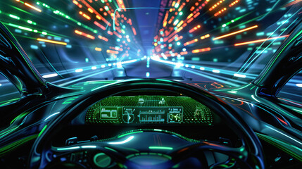 Interior of self driving car with digital dashboard. Navigating the nighttime landscape with speed and precision, embracing modern automotive technology for a seamless journey through the cityscape