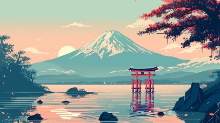 Mount Fuji at sunset. Colorful illustration of Japan's famed peak with a torii gate, cherry blossoms, and a calm lake reflecting the vibrant hues of dusk. - obrazy, fototapety, plakaty