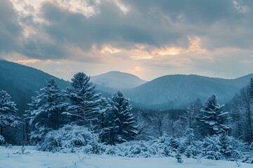 Obraz premium A wintry scene with snowcovered trees and mountains under cloudy skies. Concept Winter Landscape, Snow-Covered Trees, Mountains, Cloudy Skies