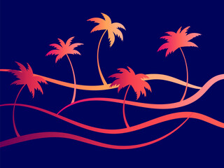 Fototapeta na wymiar Tropical wave landscape with palm trees at sunset in a minimalist style. Summer tropical landscape with palm trees in line art style. Design for printing t-shirt and banner. Vector illustration