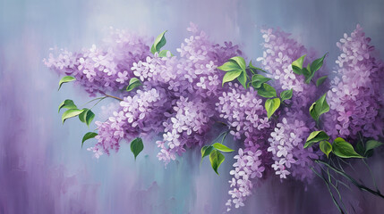 Mural in the form of a branch of lilacs. Combination of colors, wall decor. Neutral background. Minimalist design.