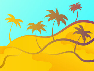 Line landscape outline with palm trees on a blue background. Summer tropical landscape in a minimalist style. Design for printing t-shirt and banner. Vector illustration