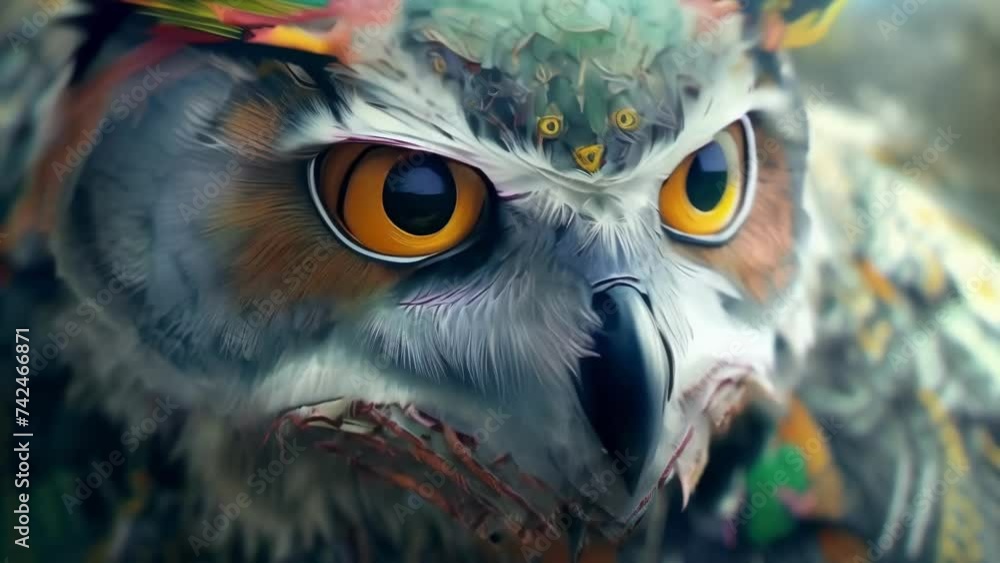 Poster closeup of the wise owls expression adorned with intricate patterns and markings as it observes the 