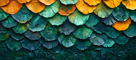 an image of colorful, green ceramic fish scale wall, in the style of textured and layered abstract forms, dark yellow and dark gray, use of paper, colorful woodcarvings, colorful layered forms, fine f
