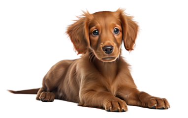Brown Dog Laying on White Floor. A brown dog is seen laying comfortably on top of a clean, white floor. The dog appears relaxed and content in its position.