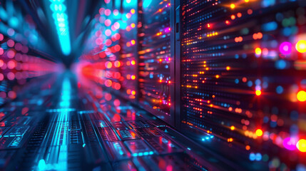 Futuristic data center with glowing lights indicating network activity and server communication.