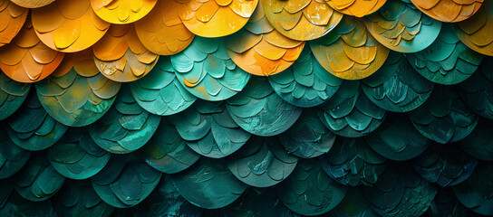 an image of colorful, green ceramic fish scale wall, in the style of textured and layered abstract forms, dark yellow and dark gray, use of paper, colorful woodcarvings, colorful layered forms, fine f - obrazy, fototapety, plakaty