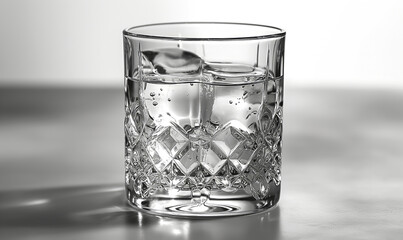 Transparent glass with clear drink and ice cubes.