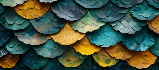 an image of colorful, green ceramic fish scale wall, in the style of textured and layered abstract forms, dark yellow and dark gray, use of paper, colorful woodcarvings, colorful layered forms, fine f
