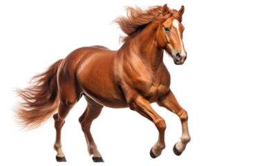 Brown Horse Galloping. A brown horse is energetically galloping its mane flowing behind as it moves swiftly. The horses muscles are tense, showcasing its power and agility as it runs.