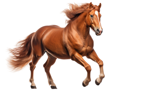 Brown Horse Galloping. A brown horse is energetically galloping its mane flowing behind as it moves swiftly. The horses muscles are tense, showcasing its power and agility as it runs.